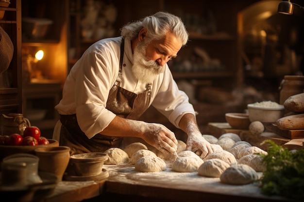 Italiaanse man die traditionele pizza-deeg kneedt chef-kok in de keuken zelfgemaakte mediterrane gerechten