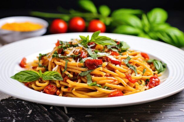 Italiaanse pasta met basilicum en tomaten op een witte plaat