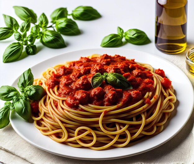 italiaanse pasta met tomatensaus en basilicumblaadjes