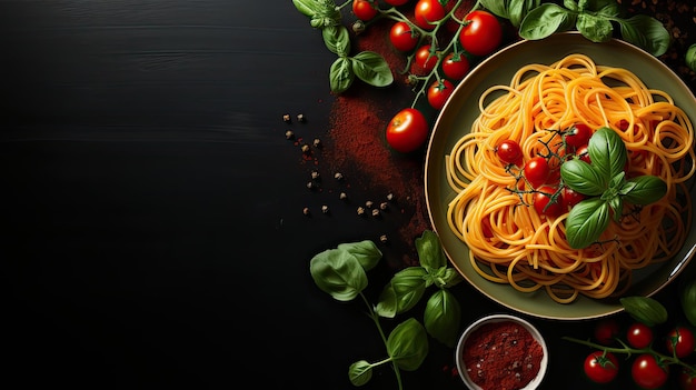 Italiaanse pasta met tomatensaus op een metalen vork kopieer ruimte voor tekst Promotionele banner voor Italiaanse week in een restaurant Generatieve AI