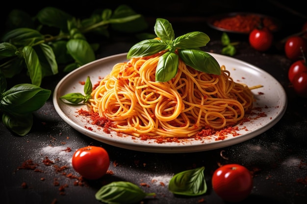 Italiaanse pasta op plaat met basilicum Spaghetti bolognese op donkere achtergrond