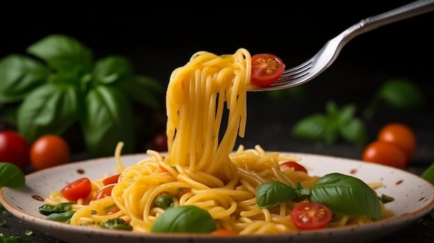 Italiaanse pasta op vork met tomaten en basilicumblaadjes