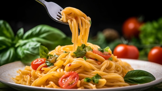 Italiaanse pasta op vork met tomaten en basilicumblaadjes