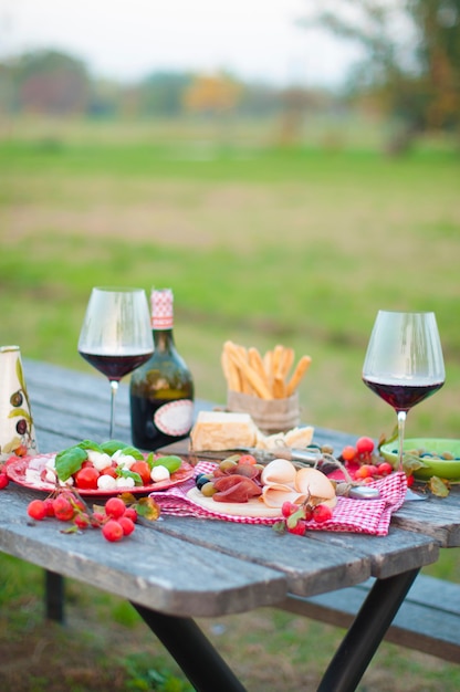 Italiaanse picknick met rode wijn, parmezaanse kaas, ham en olijven. Lunch in de open lucht. Traditionele snacks. Kopieer ruimte