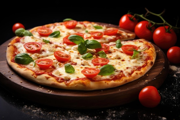 Italiaanse pizza met gesneden mozzarella tomaten peper specerijen en verse basilicum ook bekend als Pizza Ma