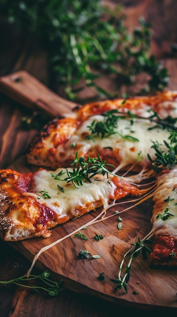 Foto italiaanse pizza met kaas en tomaten kruiden specerijen en microgreens