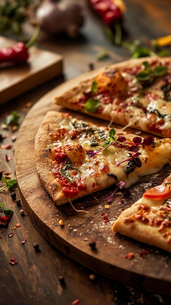 Foto italiaanse pizza met kaas en tomaten kruiden specerijen en microgreens