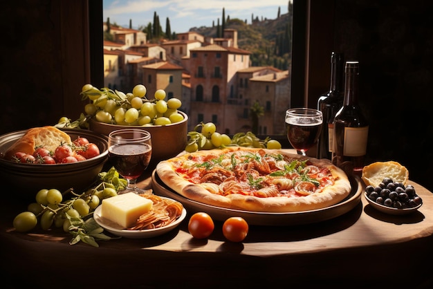 Italiaanse pizza met tomatensaus, kaas, olijven en verse kruiden Mediterraanse gerechten met ingrediënten en wijnstok op tafel