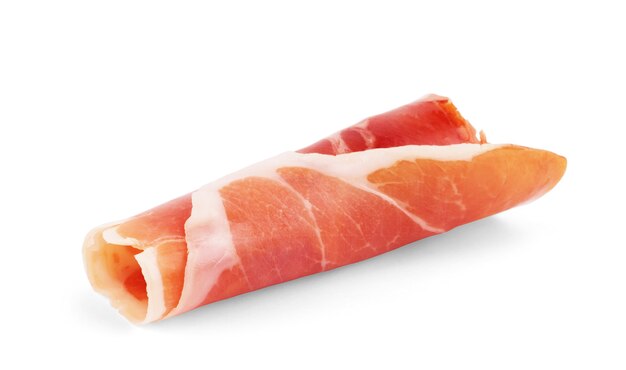 Italiaanse prosciutto crudo of jamon. Rauwe ham. Geïsoleerd op witte achtergrond