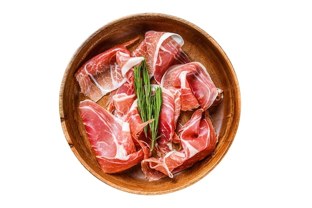 Italiaanse prosciutto crudo rauwe gedroogde ham geïsoleerd op een witte achtergrond