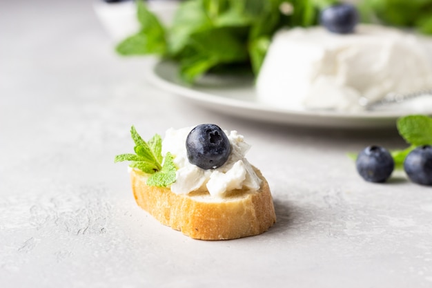 Italiaanse ricotta op grijze plaat met bosbessen en munt