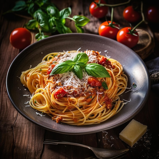 Italiaanse spaghetti pasta met spinazie en ricotta op houten rustieke achtergrond