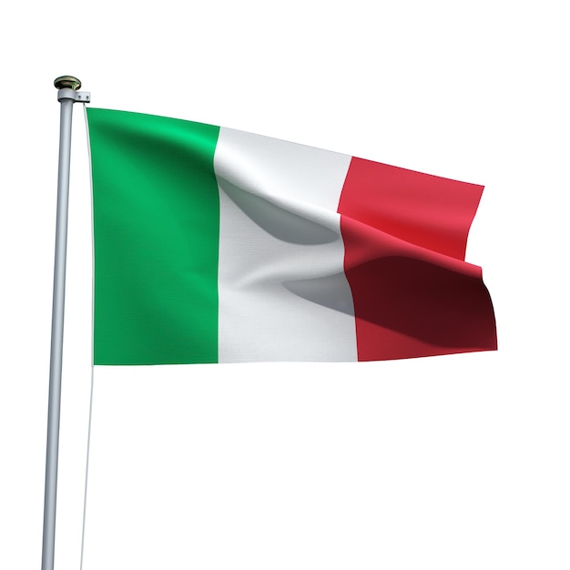 Italiaanse vlag op een paal die geïsoleerd op een witte achtergrond zwaait