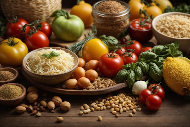 Italiaanse voedselingrediënten en gezond voedsel schoon eten selectie evenwichtig dieet voedsel achtergrond ar c