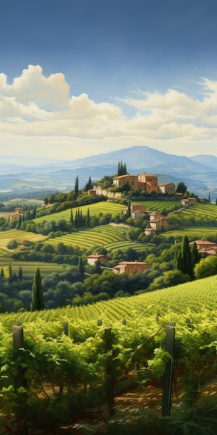 Italiaanse wijngaard landschapsschilderkunst met nauwkeurige lijnen