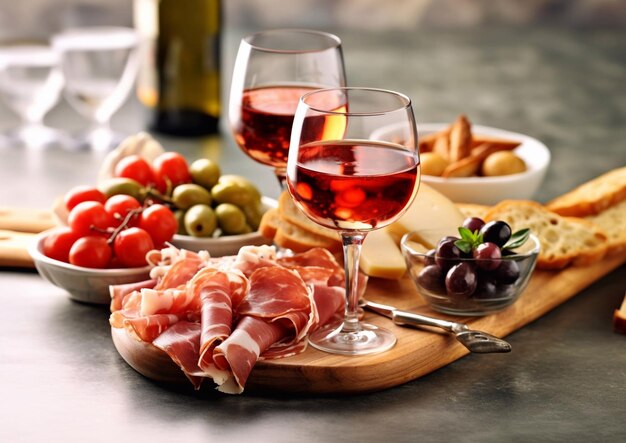 Italiaanse wijnsnacksset met diverse delicatessenAI Generatief