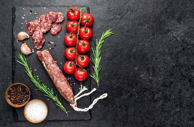 Italiaanse worst met schimmel op een stenen tafel