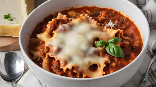 Italiaanse zelfgemaakte lasagne soep met gemalen rundvlees tomaten pasta basilicum knoflook en kaas