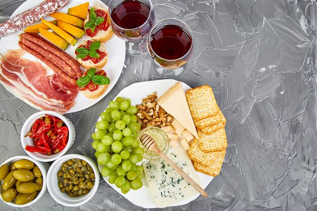 Italian antipasti wine snacks set. Italian food.