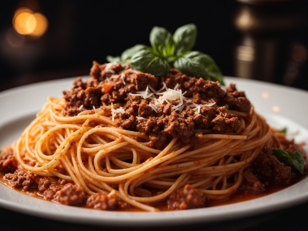 Italian beef spaghetti bolognese pasta on top with basil cinematic food photography