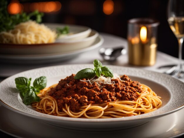 Foto spaghetti bolognese di manzo italiano in cima con basilico fotografia cinematografica di cibo