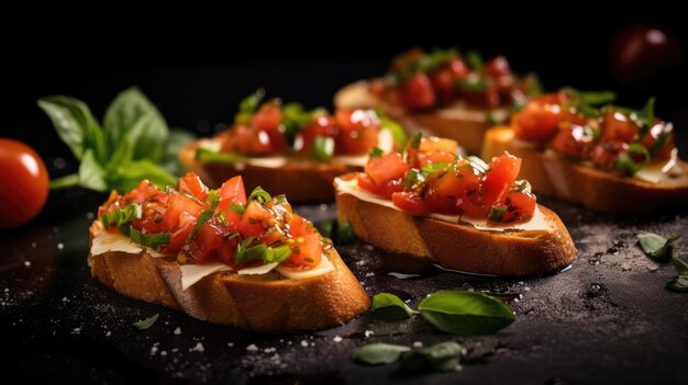 Italian bruschetta with roasted tomatoes mozzarella cheese and herbs on a cutting board