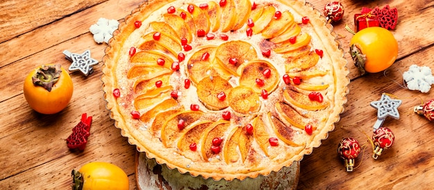 Italian cake or persimmon tart.Delicious Christmas dessert.Christmas pie