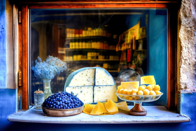 Italian cheese and grapes on the counter of a street shop Generative AI Generative AI
