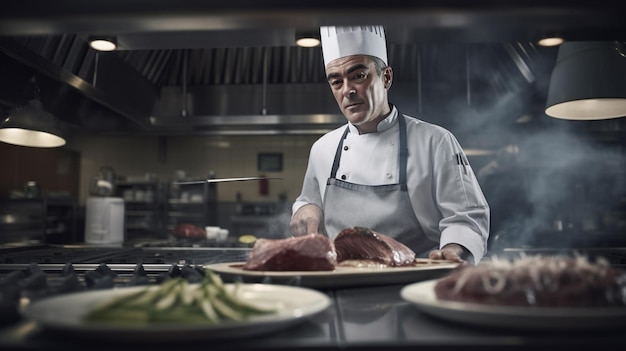 제너레이티브 AI를 사용하여 백그라운드에서 분주한 주방에서 스테이크를 요리하는 이탈리아 셰프