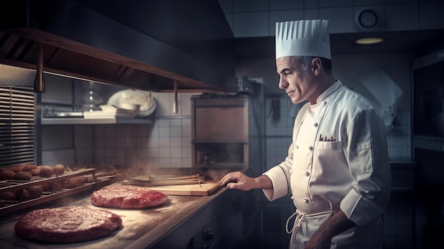 Italian chef cooking steak in a busy kitchen in the background with Generative AI