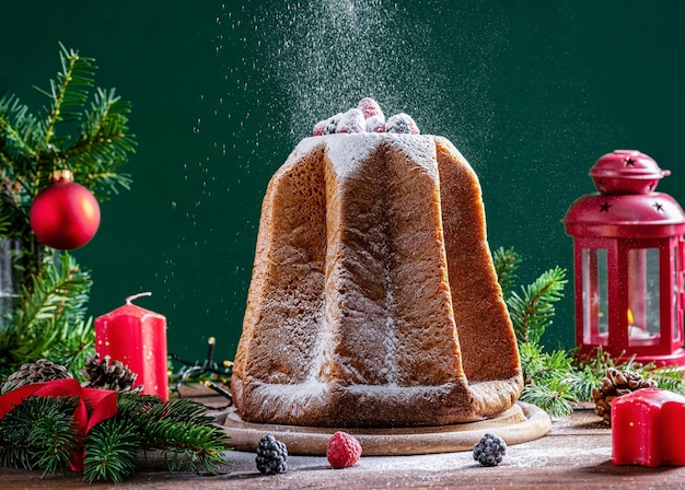 Italian Christmas cake Pandoro on wooden table with icing sugar powdering to top