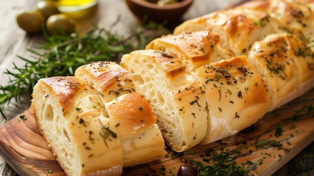 Foto pane di ciabatta italiano tagliato in fette con erbe