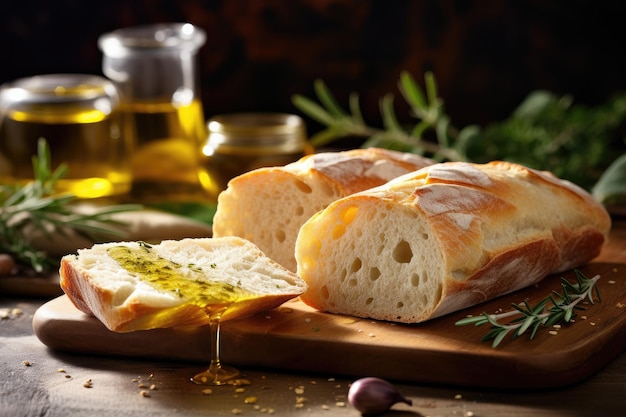 Italian ciabatta bread focused on with olive oil