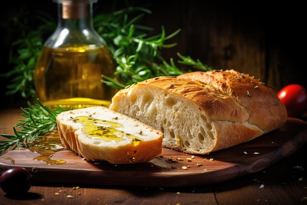 Italian ciabatta bread focused on with olive oil