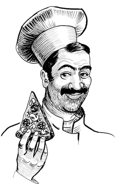 Italian cook with a slice of pizza Retro styled black and white ink illustration