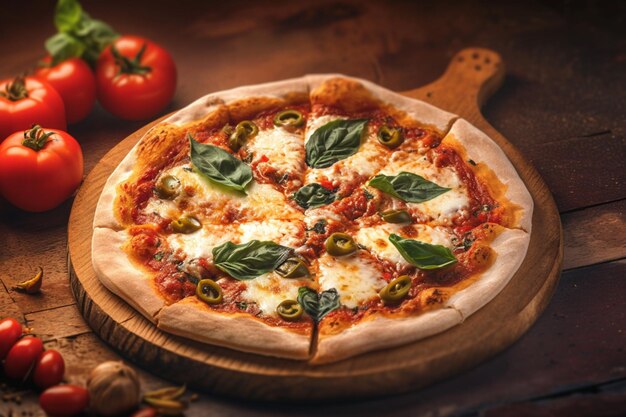 이탈리아 의 즐거움 맛 있는 신선 한 피자 는 빈티지 테이블 에 제공 된다