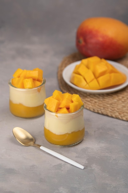 Italian dessert panna cotta with mango jelly and pieces of fresh mango