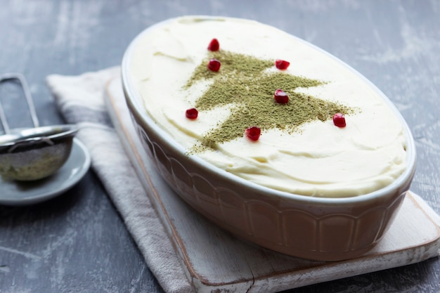 Italian dessert tiramisu, made with matcha tea and limoncello.