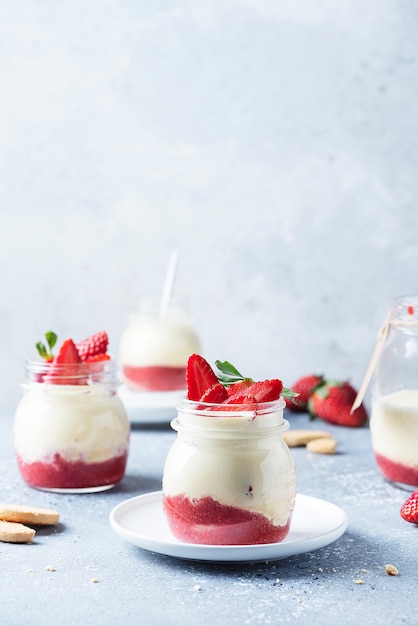 Italian dessert tiramisu with strawberries