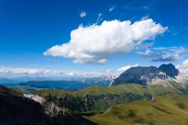 Italian Dolomites Sassolungo peak view in summer day