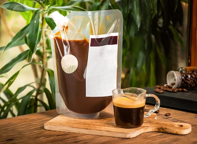 italian espresso liquid served in cup and bag isolated on table side view of taiwan drink