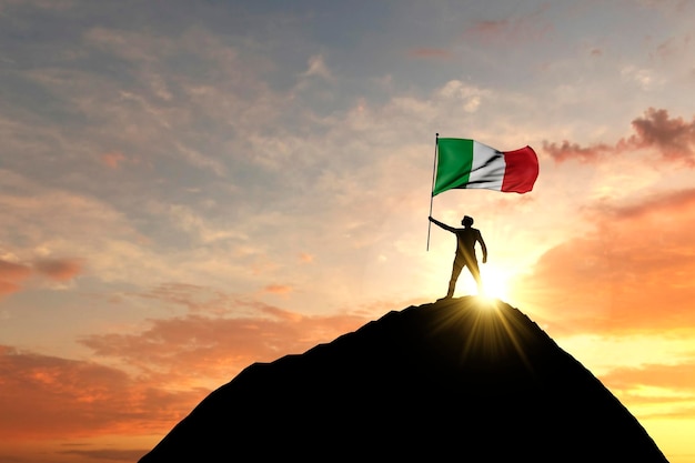 Italian flag being waved at the top of a mountain summit d rendering