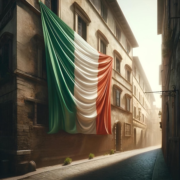 Photo italian flag draped over the side of an old building in a italian street during liberation day