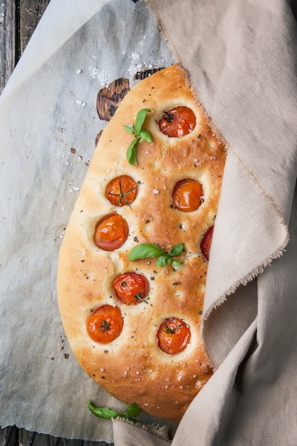 Italian focaccia bread with tomatoes