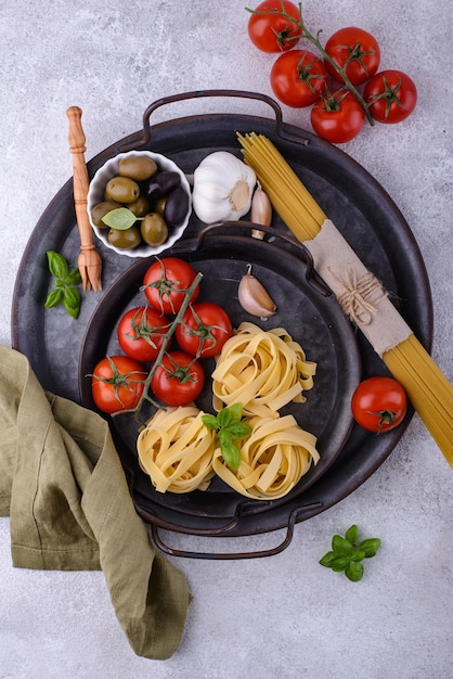 Italian food cooking background with pasta