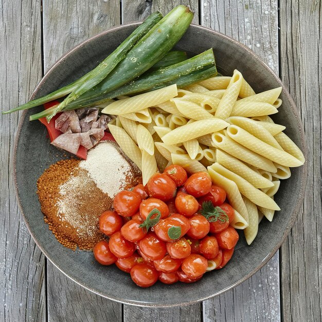 Foto ingredienti di cucina italiana per la pasta di pomodoro con verdure e spezie