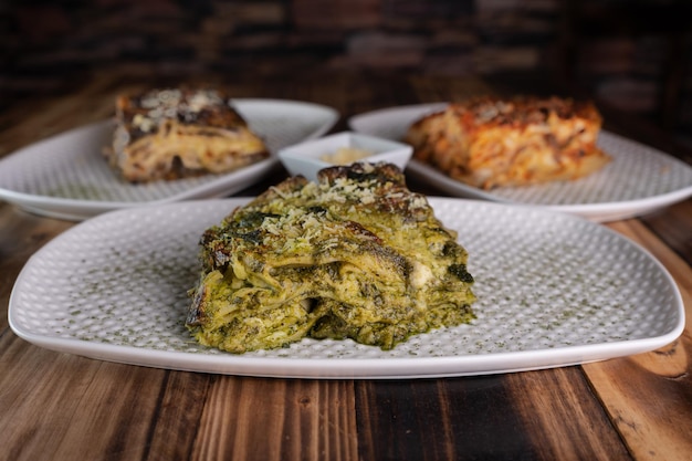 Italian food Lasagna on the table of a typical Italian restaurant