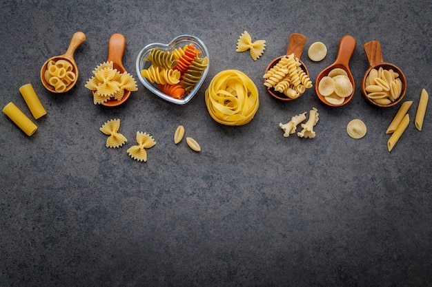 Italian foods concept and menu design setup on stone background with flat lay.