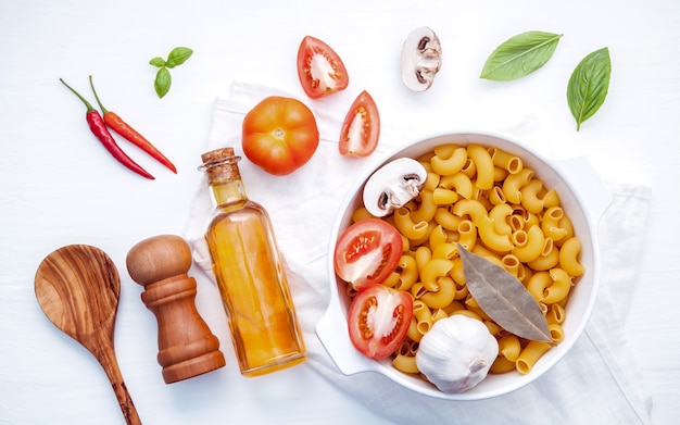 Italian foods concept and menu design setup on white background  flat lay .