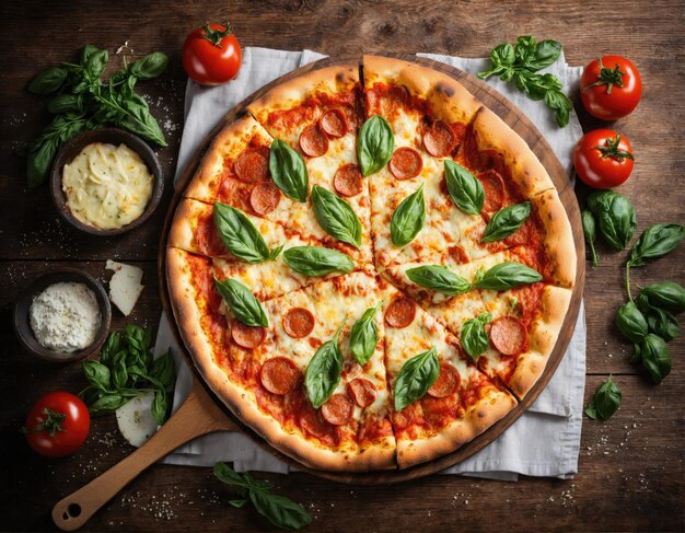Фото Итальянская свежевыпеченная пицца на деревянной поверхности